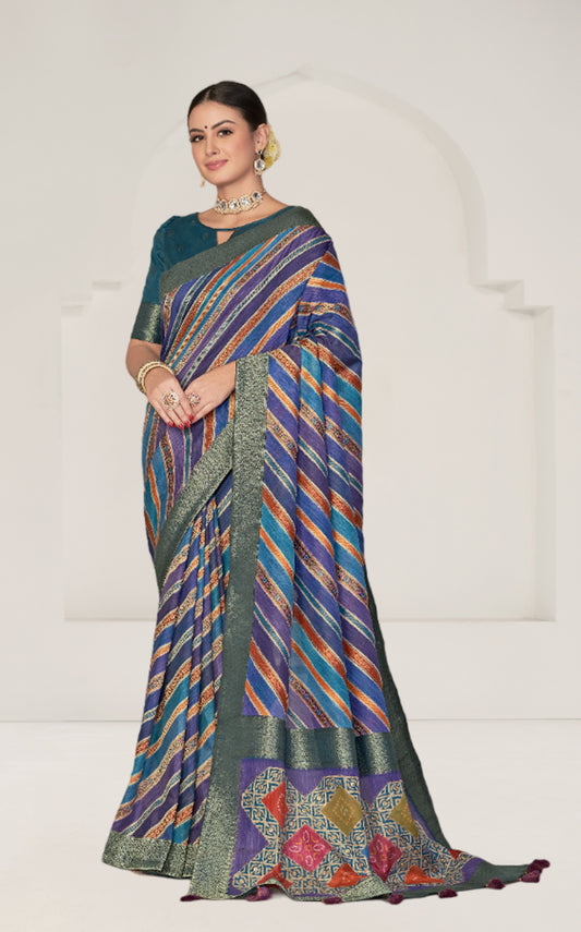 Blue Rangkat Tussar Silk Leheriya Printed With Thread Embroidery Work Heavy Wedding Ceremony Wear Saree