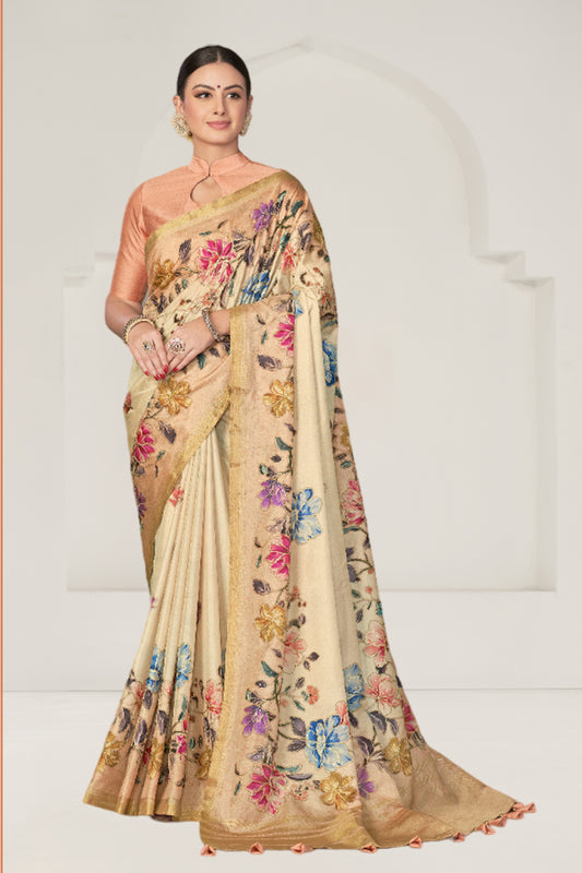 Beige Rangkat Tussar Silk Floral Printed With Sequence Embroidery Work Heavy Wedding Ceremony Wear Saree