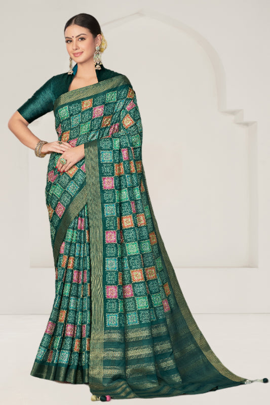 Green Rangkat Tussar Silk Geometric Printed With Embroidery Work Heavy Wedding Ceremony Wear Saree