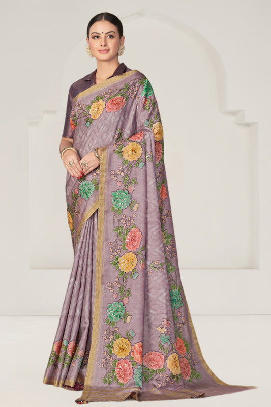 Lavender Rangkat Tussar Silk Floral Printed With Sequence Embroidery Work Heavy Wedding Ceremony Wear Saree