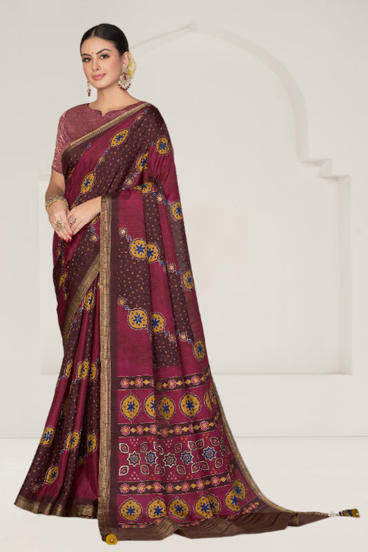 Maroon Rangkat Tussar Silk Bandhani Printed With Thread Embroidery Work Heavy Wedding Ceremony Wear Saree