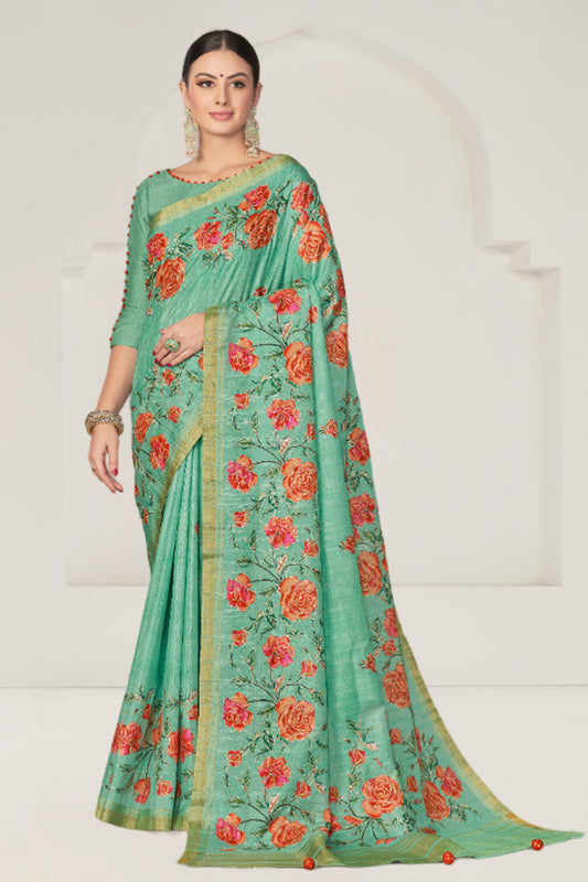 Sea Green Rangkat Tussar Silk Floral Printed With Sequence Embroidery Work Heavy Wedding Ceremony Wear Saree