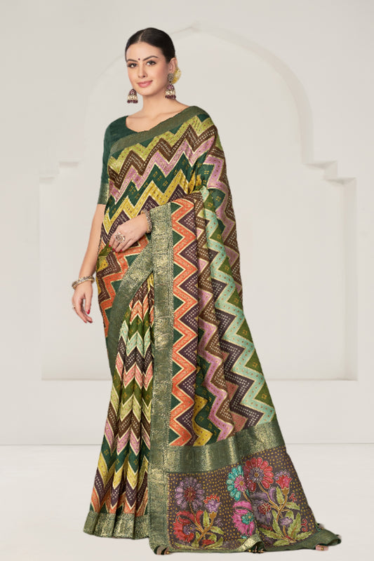 Green Rangkat Tussar Silk Chevron Printed With Woven Designer Heavy Wedding Ceremony Wear Saree