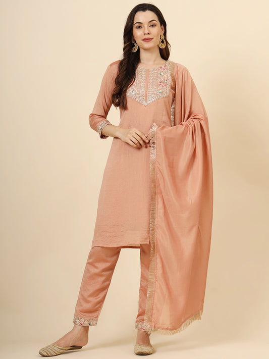 Peach Vichitra Silk Designer Embroidery Work Ethnic Readymade Salwar Suit For Girlie Party Looks