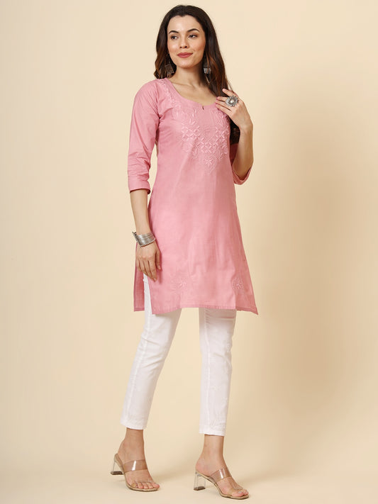 Pink Cotton Thread Embroidery Work Formal Looks Classy Casual Looks Kurta