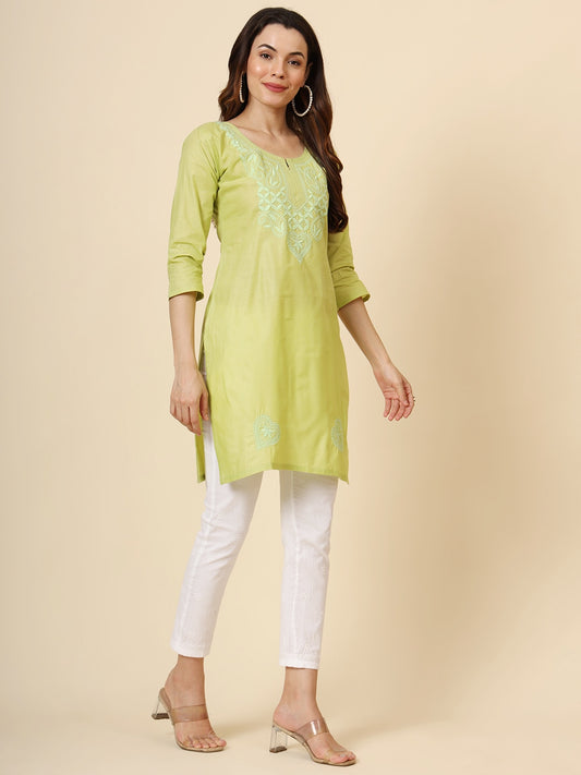 Green Cotton Thread Embroidery Work Formal Looks Classy Casual Looks Kurta