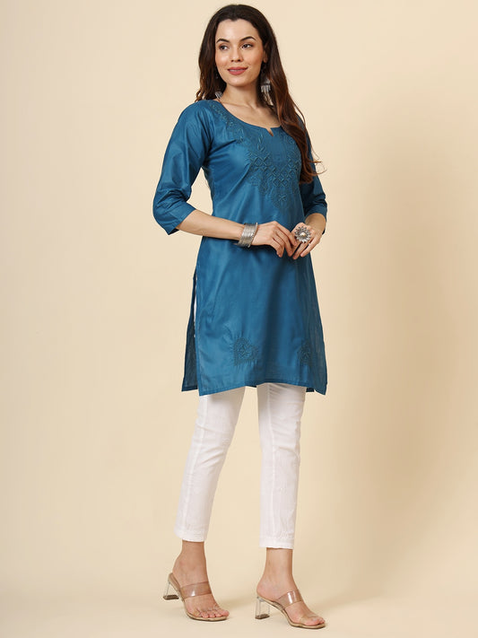 Teal Blue Cotton Thread Embroidery Work Formal Looks Classy Casual Looks Kurta