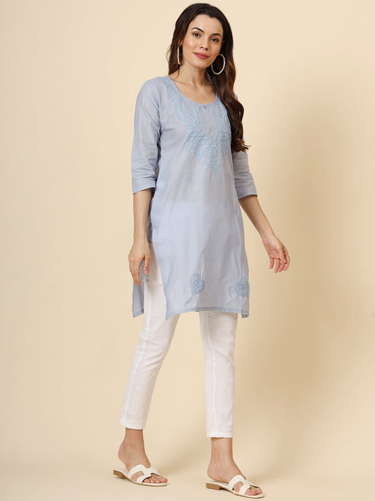 Light Blue Cotton Thread Embroidery Work Formal Looks Classy Casual Looks Kurta