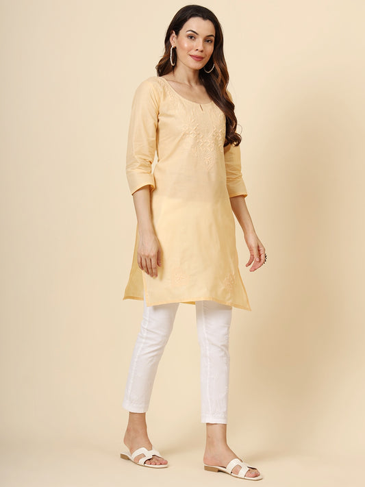 Yellow Cotton Thread Embroidery Work Formal Looks Classy Casual Looks Kurta