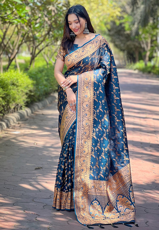 Blue Banarasi Silk Wevon Jari Designer Ethnic Partywear Ceremonial Saree For Trendy Looks