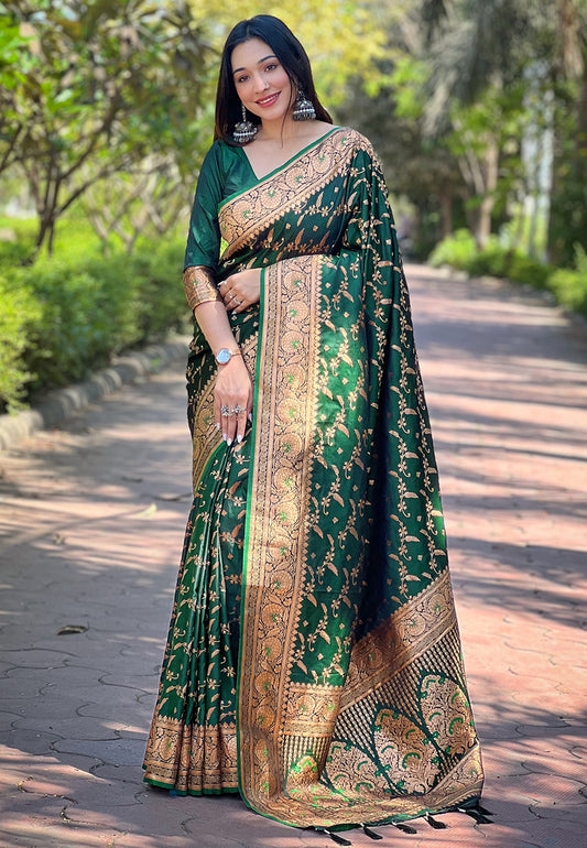 Green Banarasi Silk Wevon Jari Designer Ethnic Partywear Ceremonial Saree For Trendy Looks