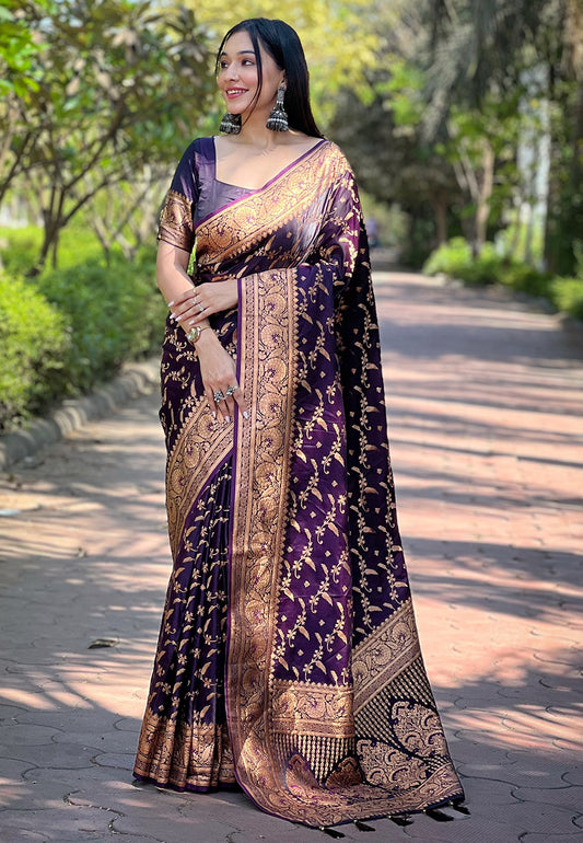 Purple Banarasi Silk Wevon Jari Designer Ethnic Partywear Ceremonial Saree For Trendy Looks