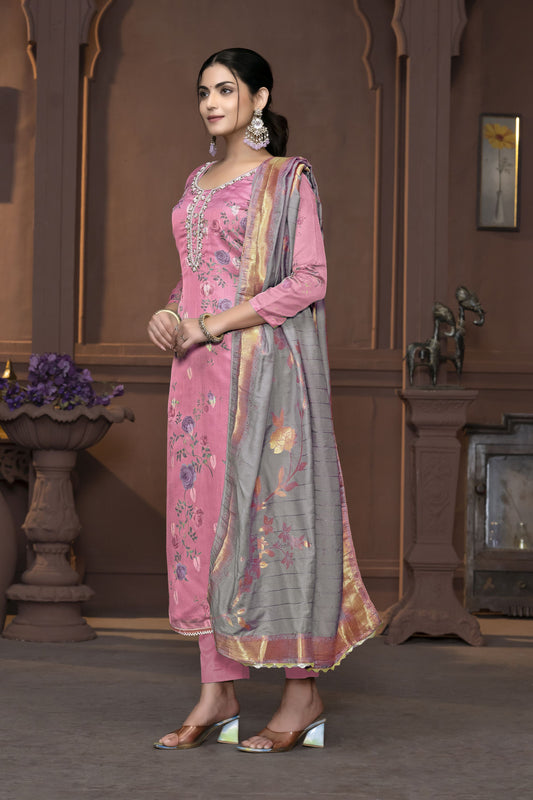 Pink Banarasi Organza Designer Printed With Hand Work Heavy Looks Traditional Salwar Suit For Indian Girls