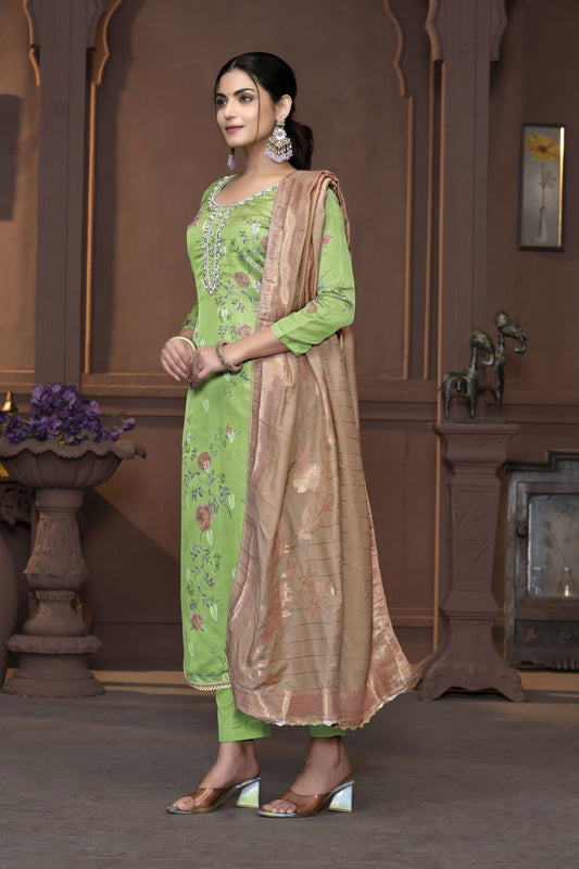 Green Banarasi Organza Designer Printed With Hand Work Heavy Looks Traditional Salwar Suit For Indian Girls