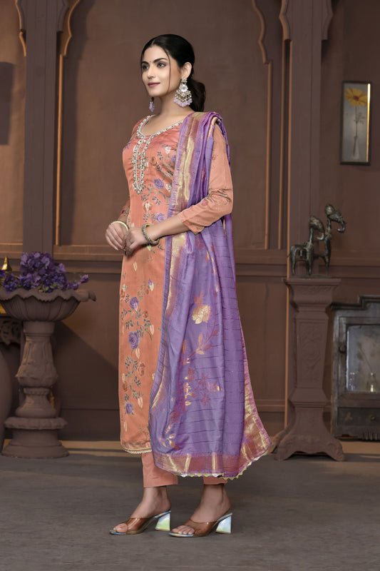 Rust Banarasi Organza Designer Printed With Hand Work Heavy Looks Traditional Salwar Suit For Indian Girls