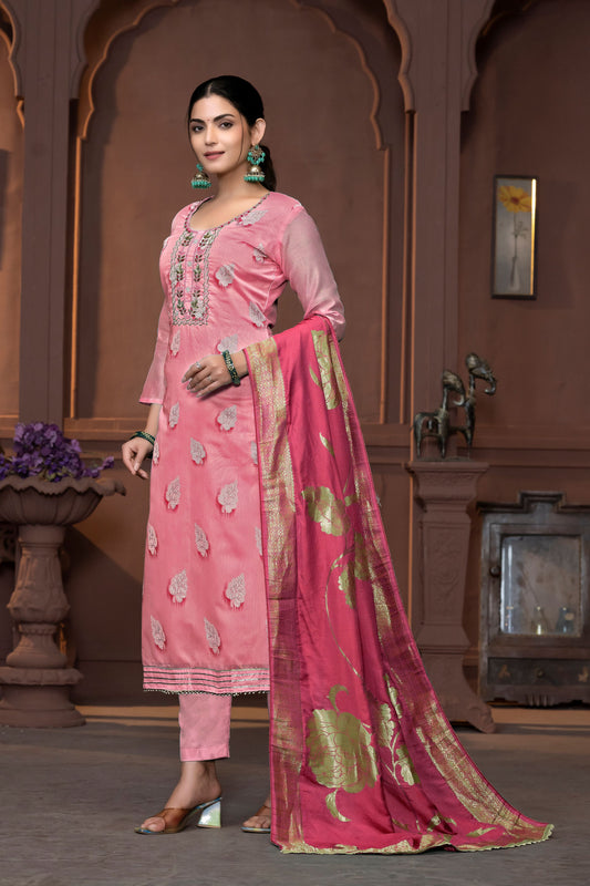 Pink Color Modal  Fabric Wevon Designer With Hand Work For Beautiful Ethnic Looks Designer Wedding Wear