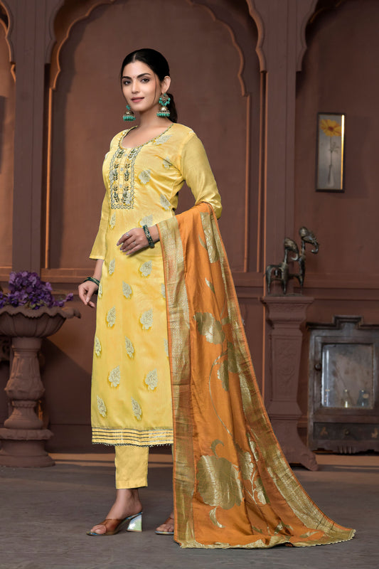 Yellow Color Modal  Fabric Wevon Designer With Hand Work For Beautiful Ethnic Looks Designer Wedding Wear