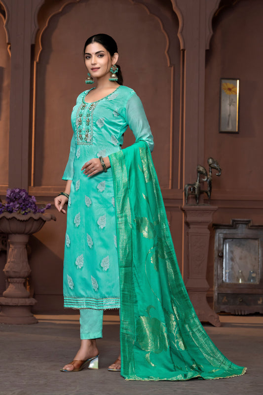 Sea Green Color Modal  Fabric Wevon Designer With Hand Work For Beautiful Ethnic Looks Designer Wedding Wear