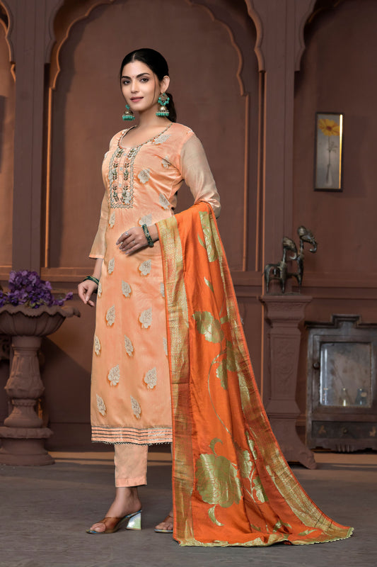 Peach Color Modal  Fabric Wevon Designer With Hand Work For Beautiful Ethnic Looks Designer Wedding Wear