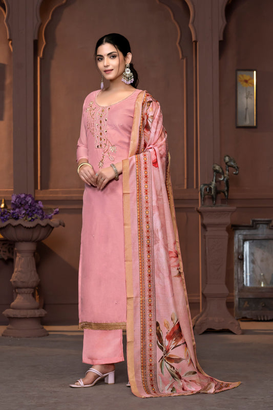 Pink Color Modal  Fabric Designer Printed With Hand Work For Beautiful Ethnic Looks Designer Wedding Wear