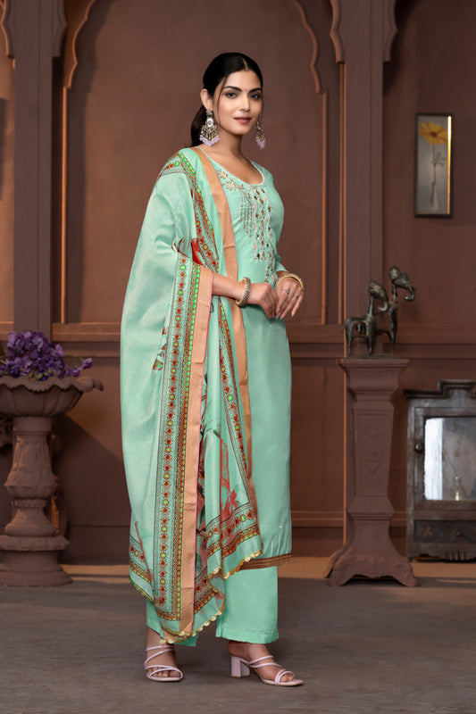 Sea Green Color Modal  Fabric Designer Printed With Hand Work For Beautiful Ethnic Looks Designer Wedding Wear