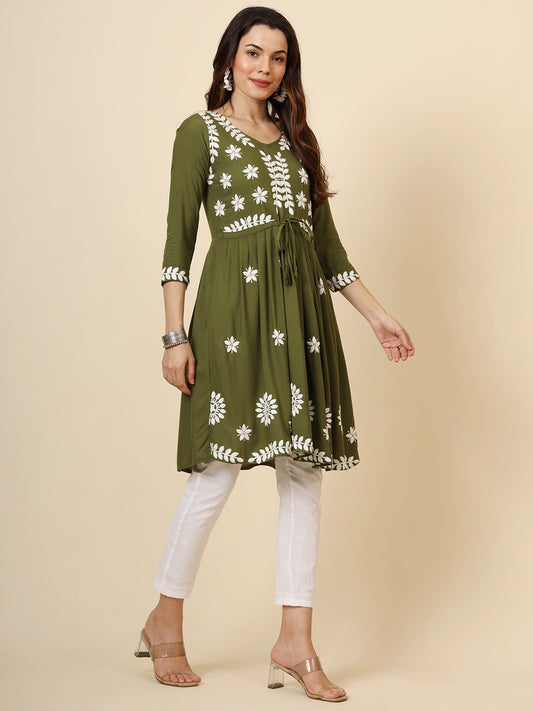 Green Rayon Heavy Thread Embroidery Work Beautiful Girlie Looks Chikankari Kurti