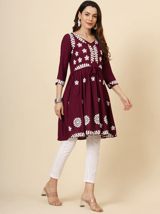 Wine Rayon Heavy Thread Embroidery Work Beautiful Girlie Looks Chikankari Kurti