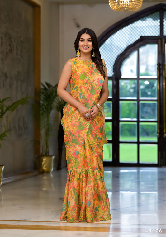 Yellow Imported Georgette Designer Printed Gown With Attachable Pallu For One Minute Saree Looks