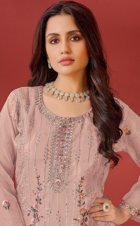 Peach Georgette Designer Embroidery Work Trendy Graceful Ceremonial Pakistani Salwar Kameez