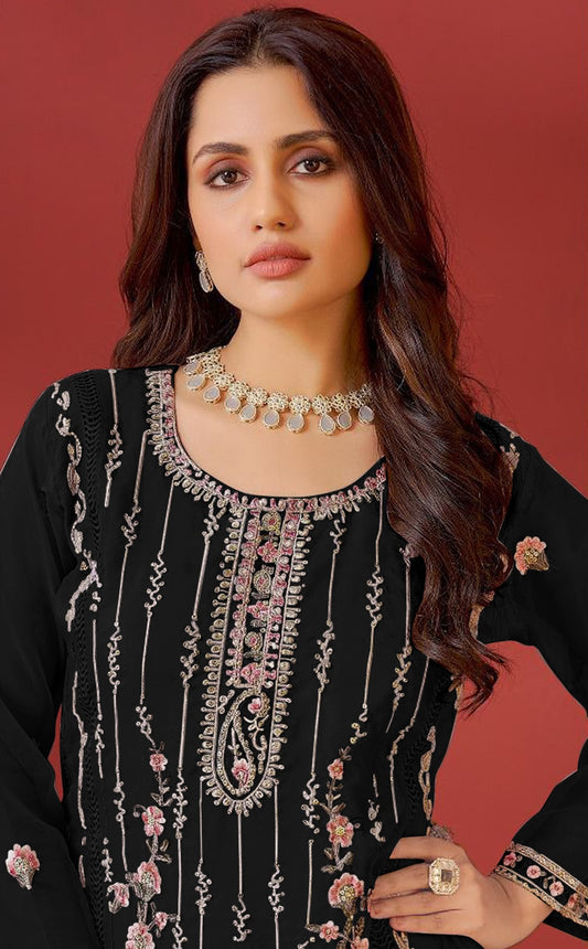 Black Georgette Designer Embroidery Work Trendy Graceful Ceremonial Pakistani Salwar Kameez