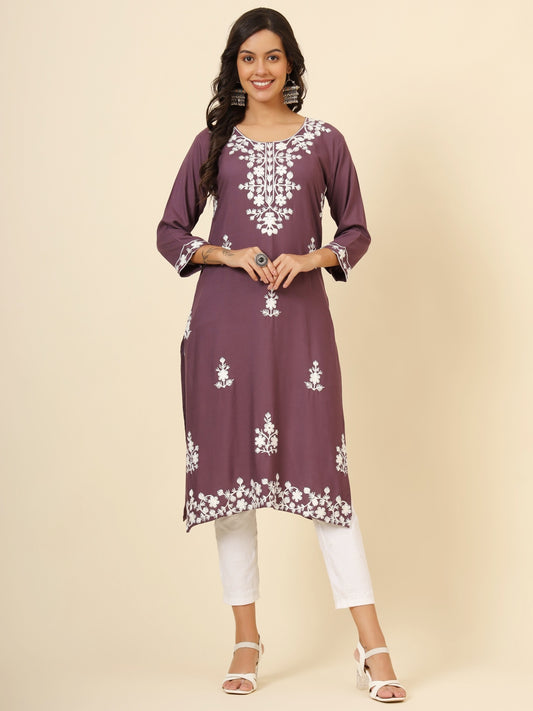 Mauve Liva Rayon Chickenkari Thread Embroidery Work Formal Looks Indian Ethnic Kurta