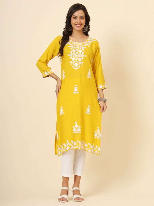 Yellow Liva Rayon Chickenkari Thread Embroidery Work Formal Looks Indian Ethnic Kurta