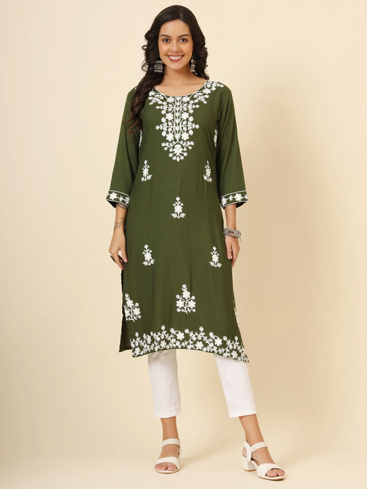 Green Liva Rayon Chickenkari Thread Embroidery Work Formal Looks Indian Ethnic Kurta