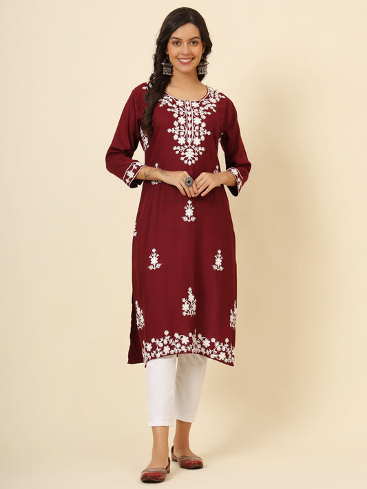 Maroon Liva Rayon Chickenkari Thread Embroidery Work Formal Looks Indian Ethnic Kurta