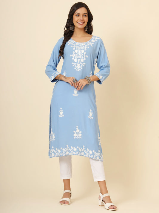 Sky Blue Liva Rayon Chickenkari Thread Embroidery Work Formal Looks Indian Ethnic Kurta