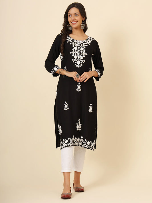 Black Liva Rayon Chickenkari Thread Embroidery Work Formal Looks Indian Ethnic Kurta