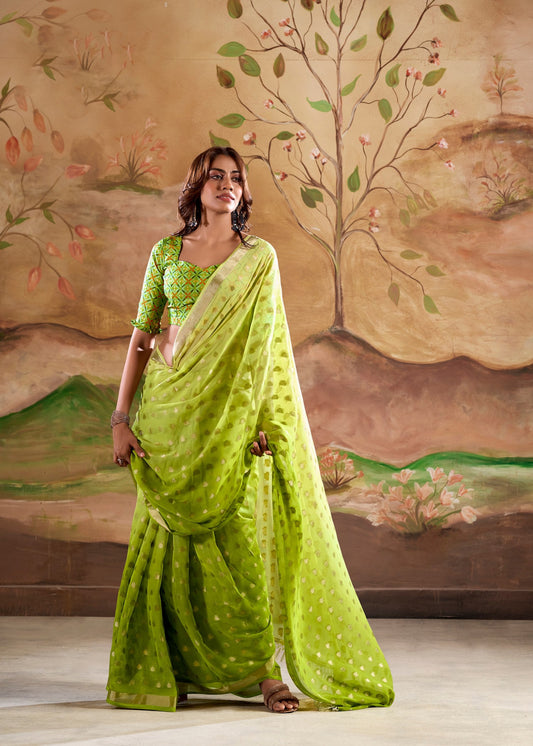 Georgette Green Weaving Jari Butti Designer Saree With Ethnic Printed Looks