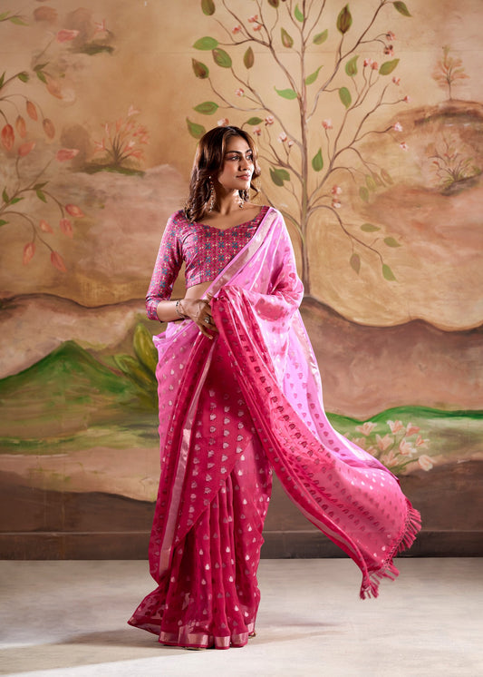 Georgette Pink Weaving Jari Butti Designer Saree With Ethnic Printed Looks