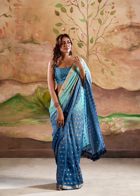 Georgette Blue Weaving Jari Butti Designer Saree With Ethnic Printed Looks