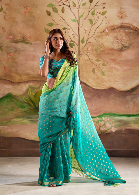 Georgette Sea Green Weaving Jari Butti Designer Saree With Ethnic Printed Looks