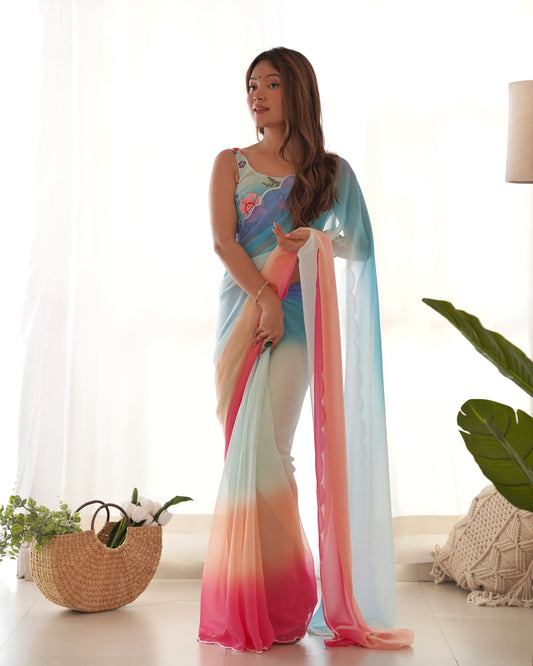 Sky Blue Faux Georgette Bollywood Style Padding Color Saree With Beautiful Embroidery Work