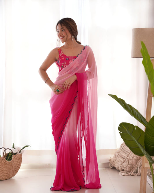 Pink Faux Georgette Bollywood Style Padding Color Saree With Beautiful Embroidery Work