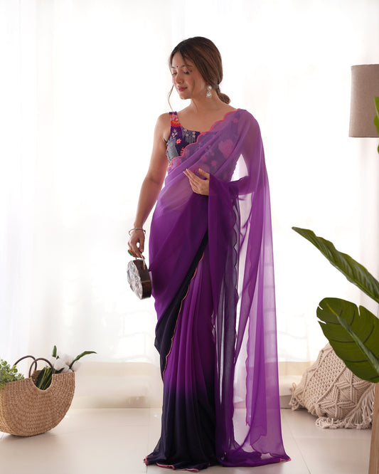 Purple Faux Georgette Bollywood Style Padding Color Saree With Beautiful Embroidery Work