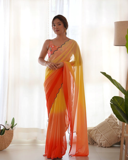 Orange Faux Georgette Bollywood Style Padding Color Saree With Beautiful Embroidery Work