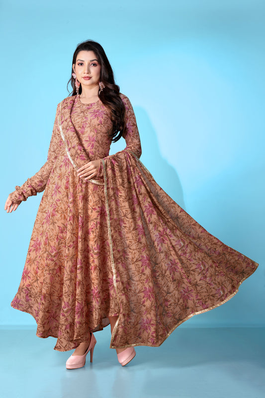 Brown Georgette Designer Printed Graceful Partyweaar Gown With Dupatta