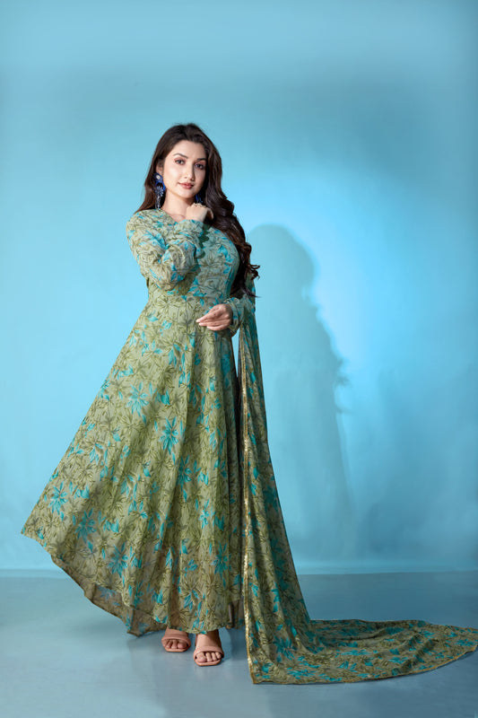 Green Georgette Designer Printed Graceful Partywear Gown With Dupatta