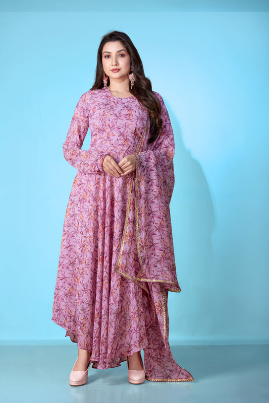 Purple Georgette Designer Printed Graceful Partywear Gown With Dupatta