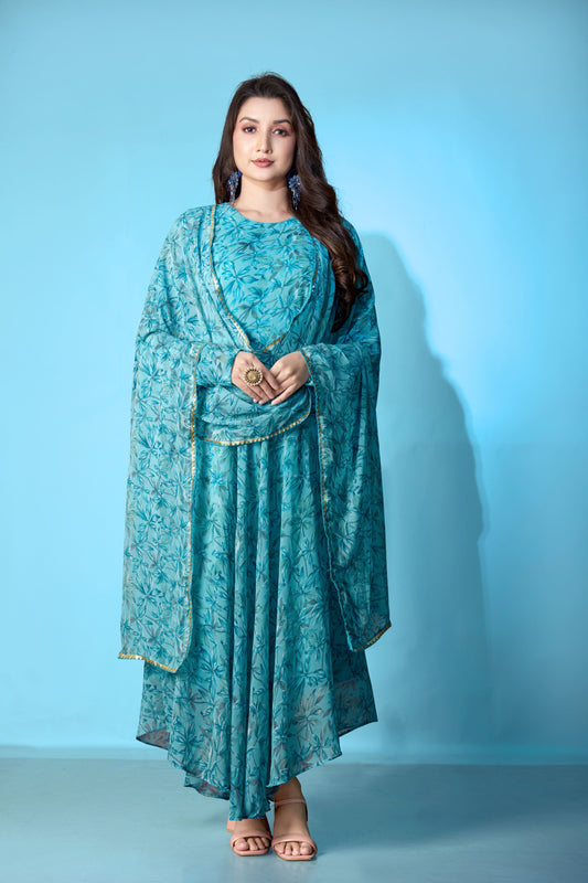 Blue Georgette Designer Printed Graceful Partywear Gown With Dupatta