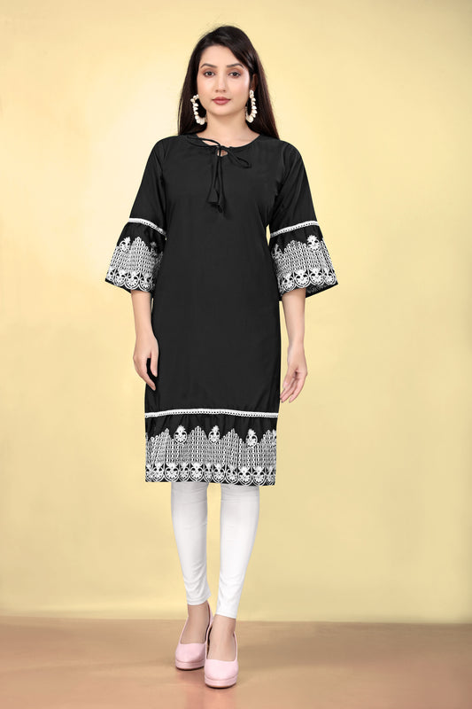 Black Cotton Fabric Thread Embroidery Work Kurti For Formal Looks