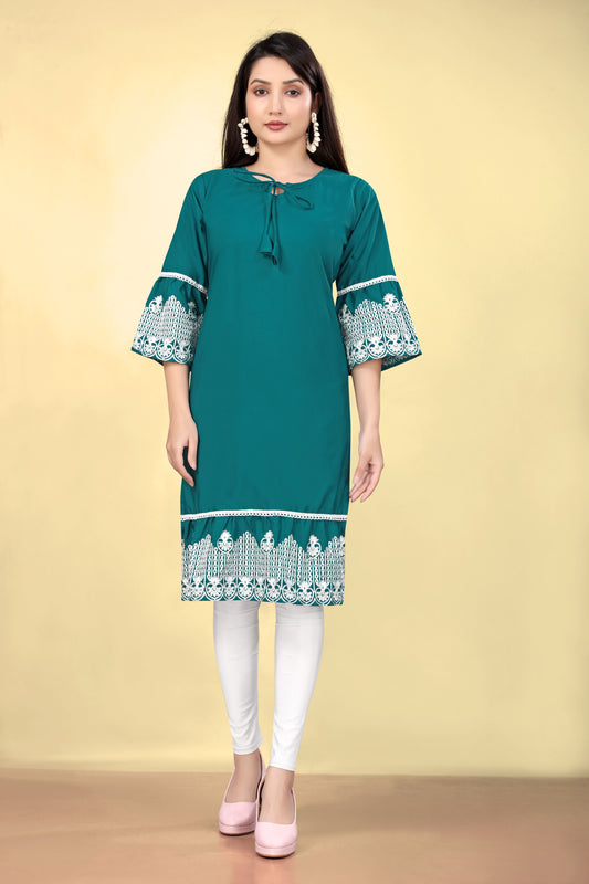 Rama Cotton Fabric Thread Embroidery Work Kurti For Formal Looks